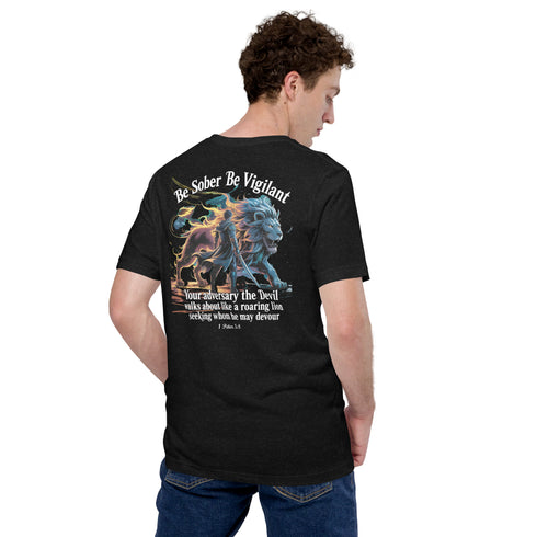 Be Sober Be Vigilant Lion (Back) Christian Bible Verse T-Shirt